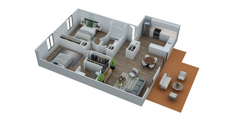 A 3D rendered image of a modern house layout.